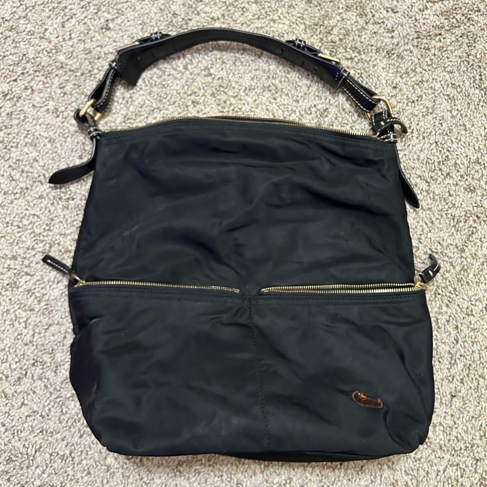 DOONEY & BOURKE Black Leather Nylon Shoulder Bag Brown Dooney Duck Travel Pocket